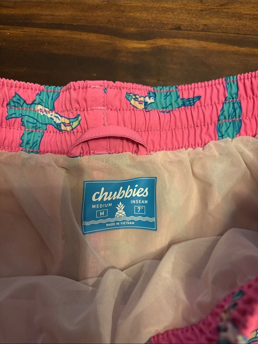 Chubbies medium pink parrot swim trunks